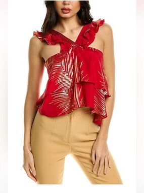 Adriana Iglesias Viena Silk Blend  Red Metallic Gold Ruffle Camisole Top